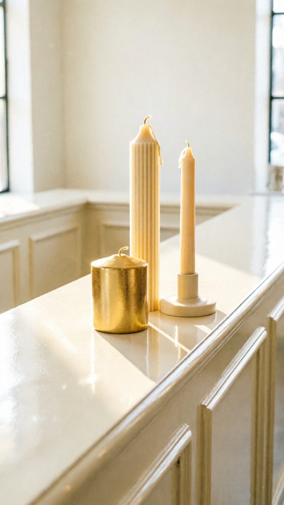 Três velas decorativas de diferentes formatos sobre um balcão claro junto a uma janela