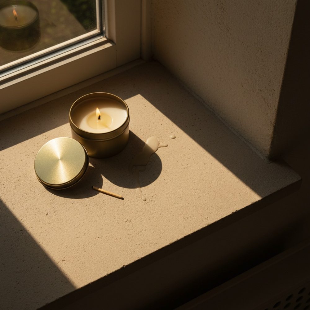 Vela perfumada acesa numa lata dourada junto à janela com luz natural e fósforo ao lado