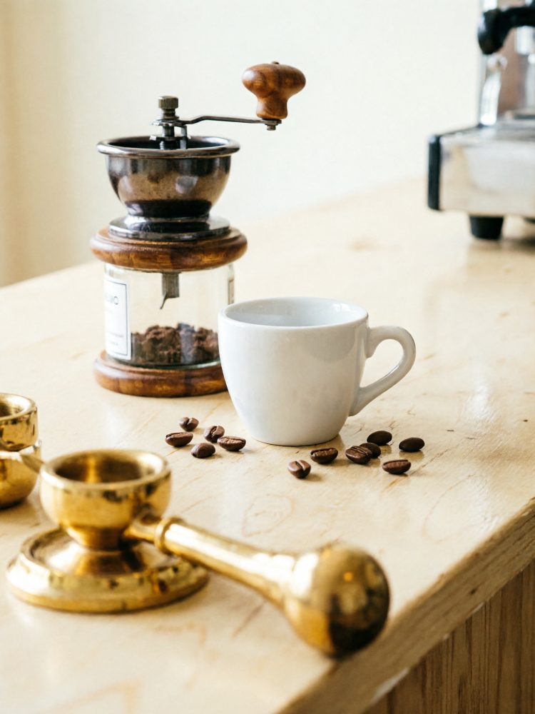 Moinho manual de café, xícara branca e grãos sobre bancada de madeira clara