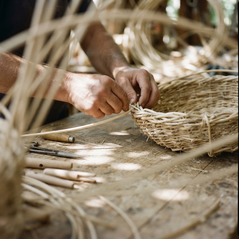 Mãos de artesão entrelaçando vime para cesto numa mesa de madeira com ferramentas