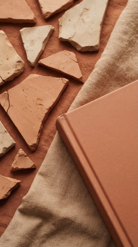 Livro castanho sobre tecido bege com pedaços partidos de barro terroso ao lado