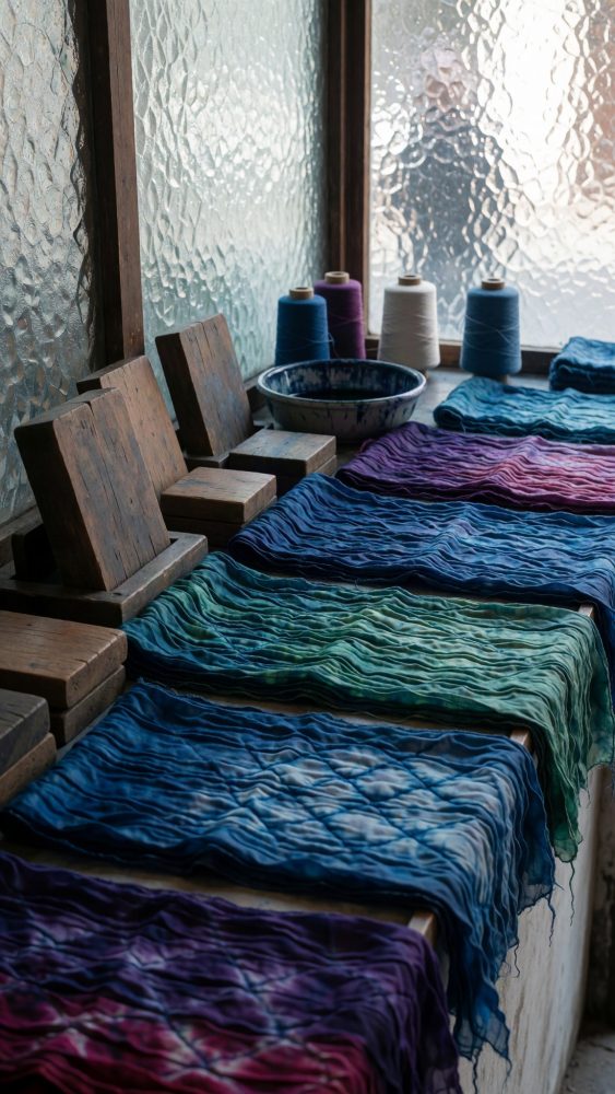 Tecidos coloridos azure, verde e roxo sobre mesa com linhas e ferramentas de artesanato