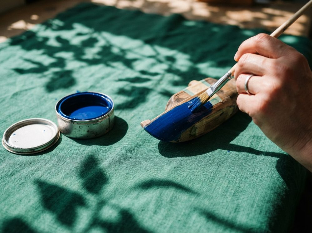 Mão a pintar objeto de madeira com pincel e tinta azul sobre tecido verde