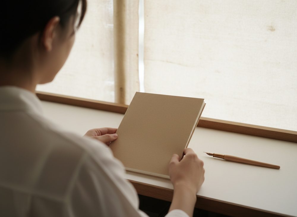 Pessoa a segurar caderno bege numa secretária branca com caneta fina ao lado, luz natural suave