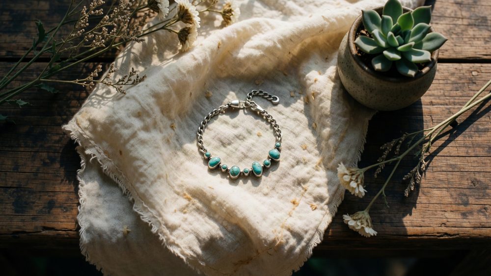 Pulseira prata turquesa sobre tecido claro com flores secas e planta suculenta em madeira rústica