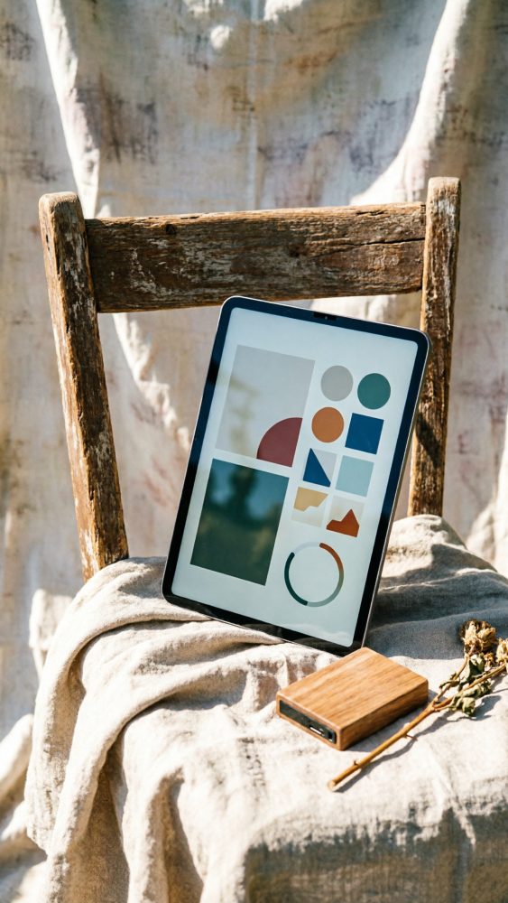 Tablet com gráficos coloridos numa cadeira de madeira rústica coberta por tecido natural e power bank de madeira