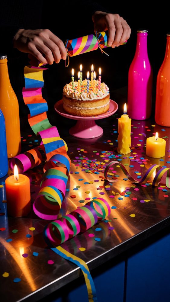 Bolo de aniversário com velas acesas, serpentinas coloridas e velas em mesa metálica festiva