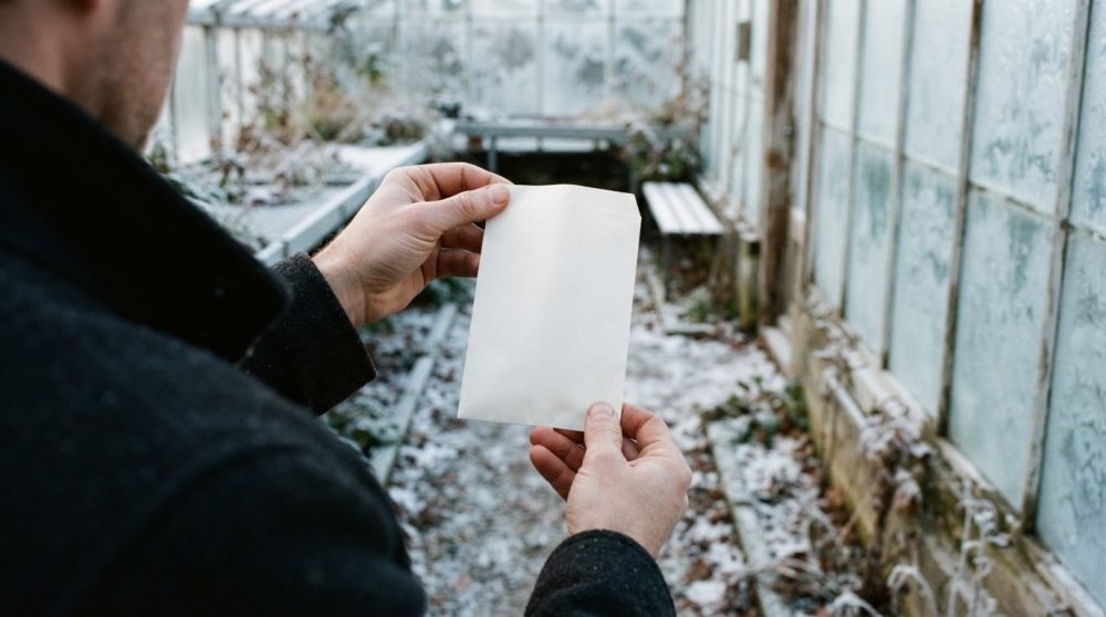 Mãos seguram envelope branco numa estufa com vidros embaçados e vegetação congelada