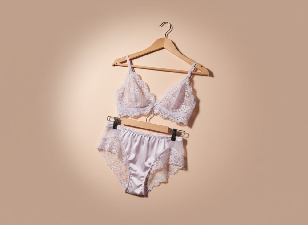 Conjunto de lingerie branca em renda e cetim pendurado em cabides de madeira