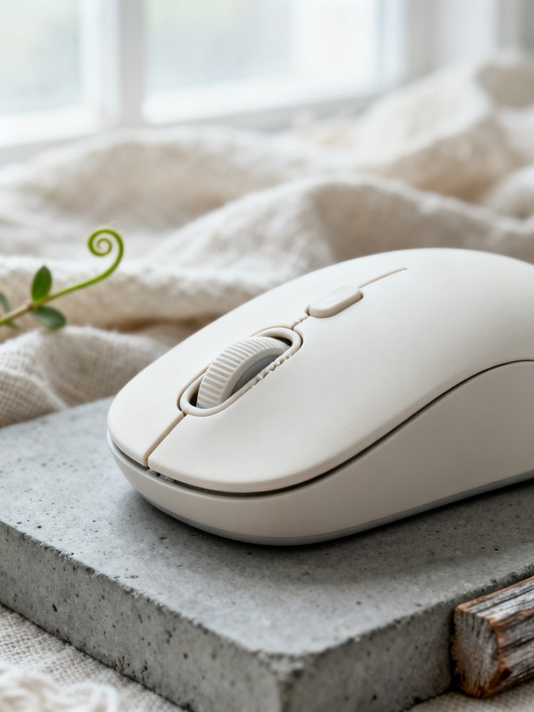 Rato sem fios branco colocado sobre base cinzenta com fundo de tecido creme e planta verde