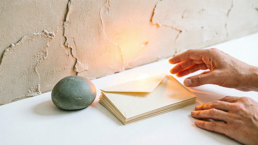 Mãos a tocar envelopes antigos empilhados numa mesa branca com pedra decorativa ao lado