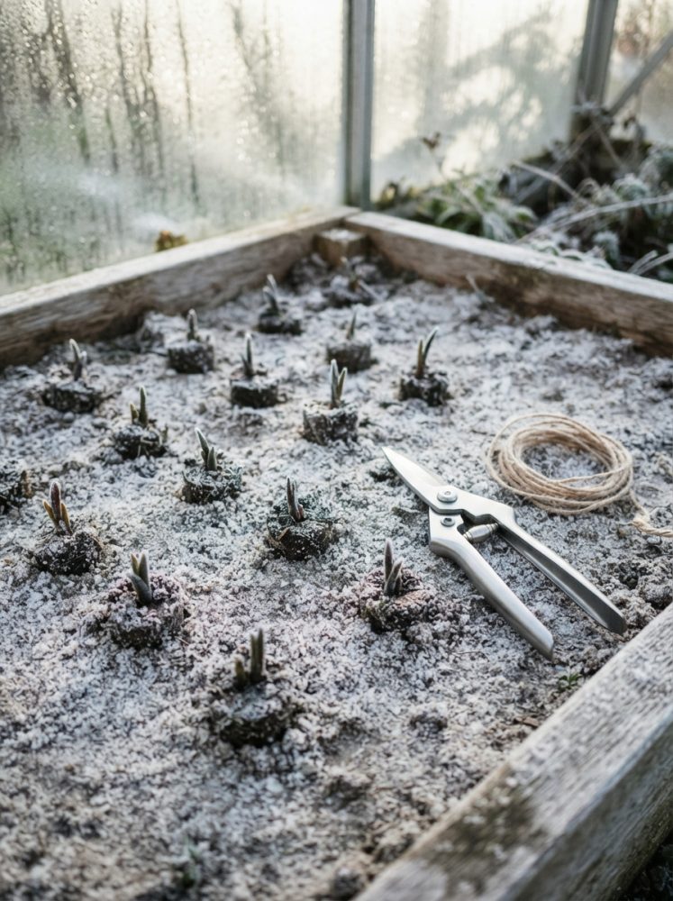 Cama de cultivo com pequenas plantas a brotar coberta de neve, tesoura de jardinagem e corda