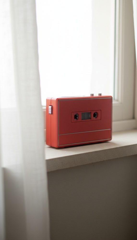 Gravador portátil vermelho de estilo retro numa janela com cortina branca clara
