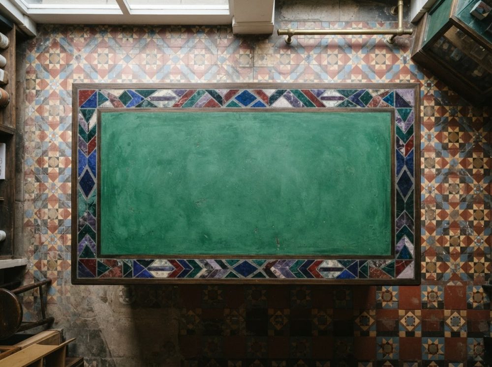 Mesa verde rectangular com moldura colorida em mosaico sobre chão cerâmico geométrico multicolorido