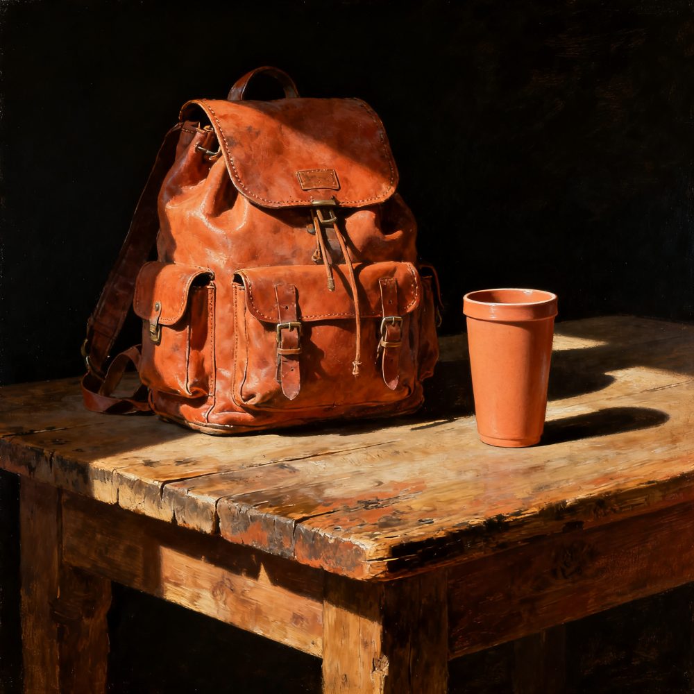 Mochila de couro castanho e copo de cerâmica sobre mesa rústica de madeira com luz natural