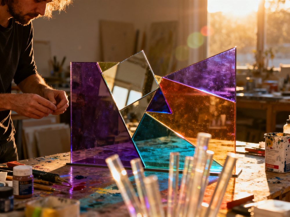 Escultura abstrata colorida em vidro com formas geométricas num atelier iluminado pelo pôr do sol.