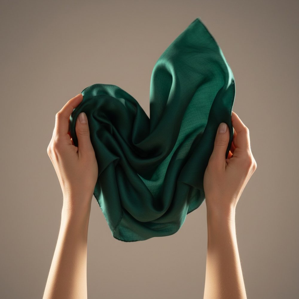 Mãos femininas seguram lenço verde escuro de tecido leve com fundo neutro