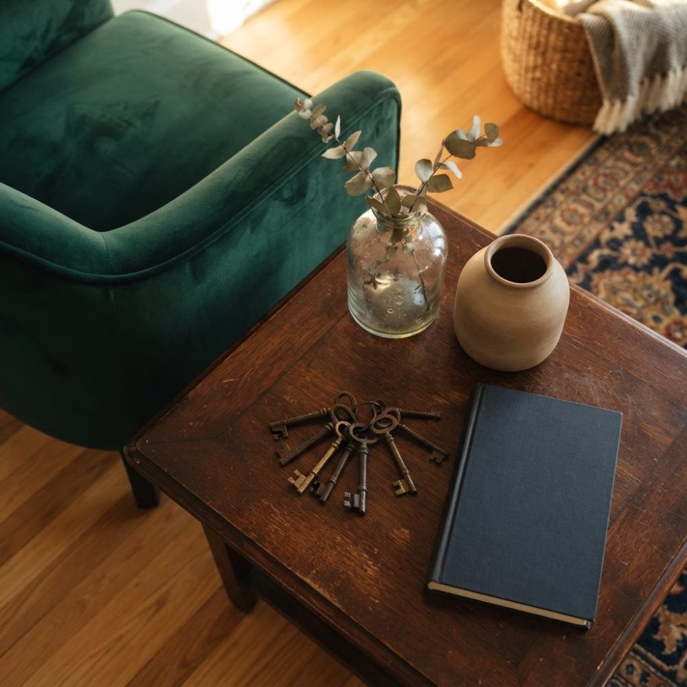 Mesa de madeira escura com vaso de cerâmica, jarra de vidro com ramos secos, livro azul e conjunto de chaves ao lado de sofá verde