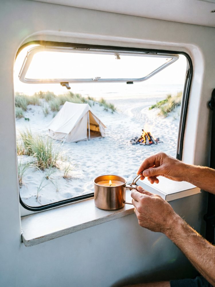 Mãos seguram caneca junto à janela da carrinha com vista para tenda e fogo de campismo na praia