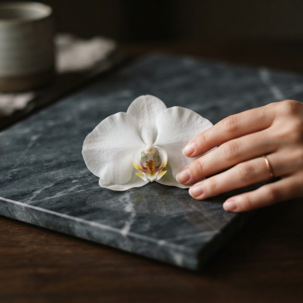 Mão feminina toca delicadamente orquídea branca sobre pedra cinza escura com veios brancos
