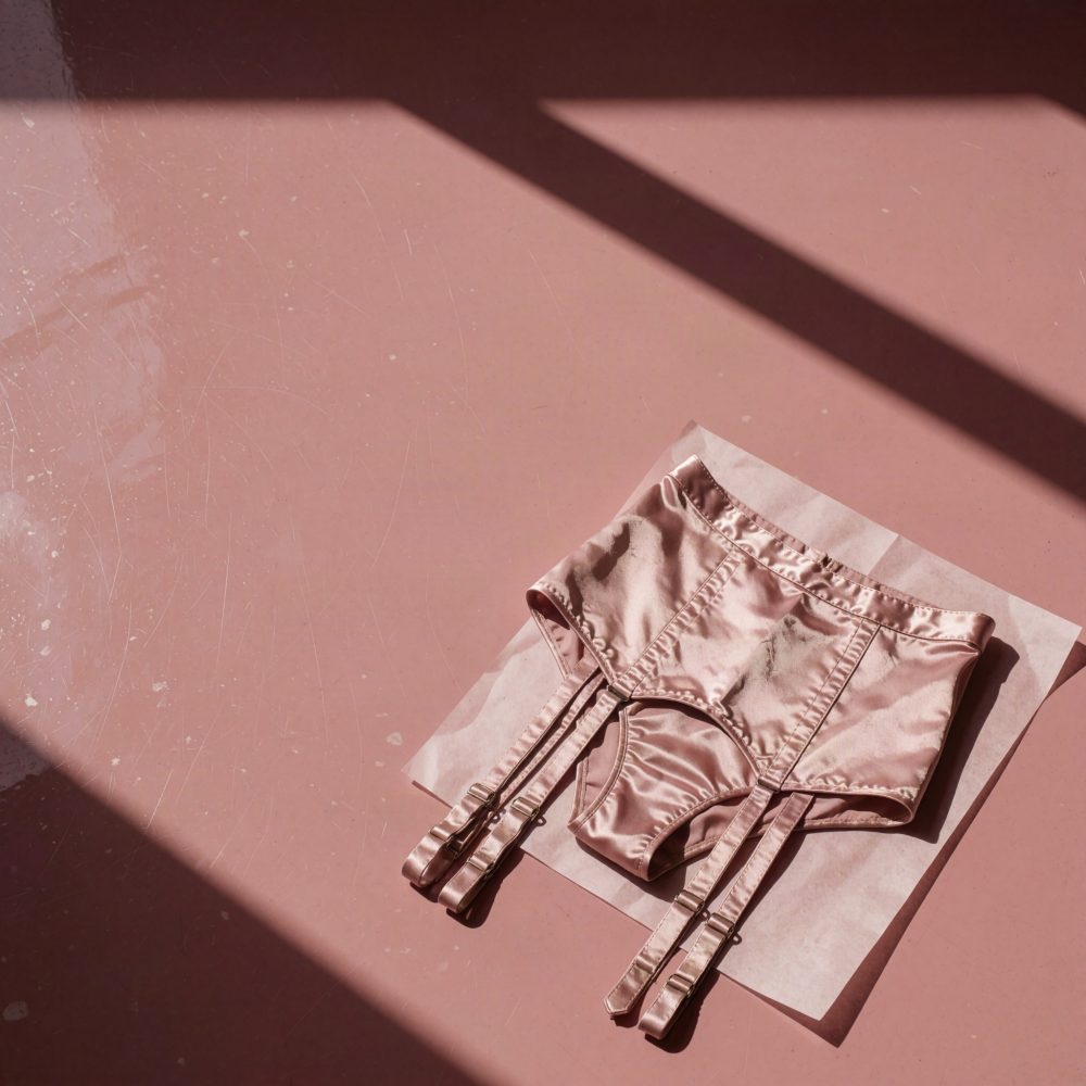 Conjunto de cinta-liga e cueca em cetim rosa claro com luz e sombras marcadas