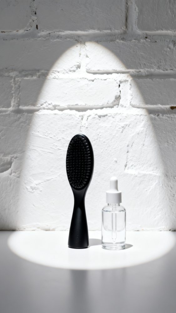 Escova preta de silicone e frasco com conta-gotas transparente sobre fundo branco iluminado