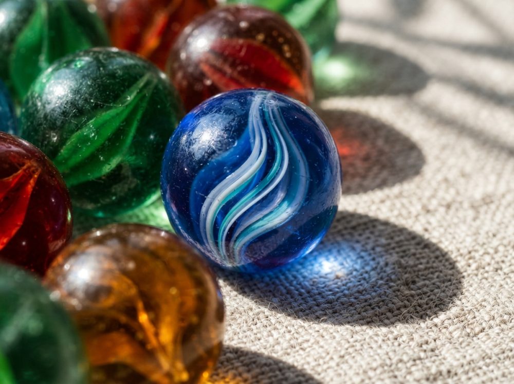 Bolas de vidro coloridas sobre tecido com bola azul destacada no centro