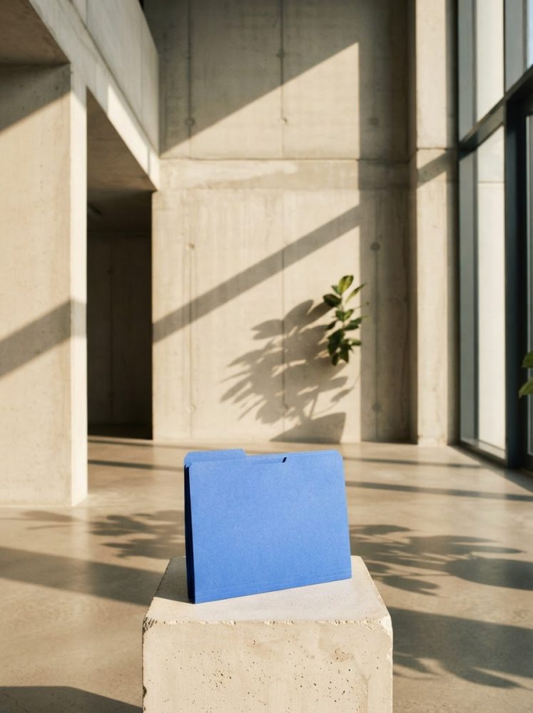 Pasta azul de papel destacada em suporte de pedra sob luz natural numa sala minimalista