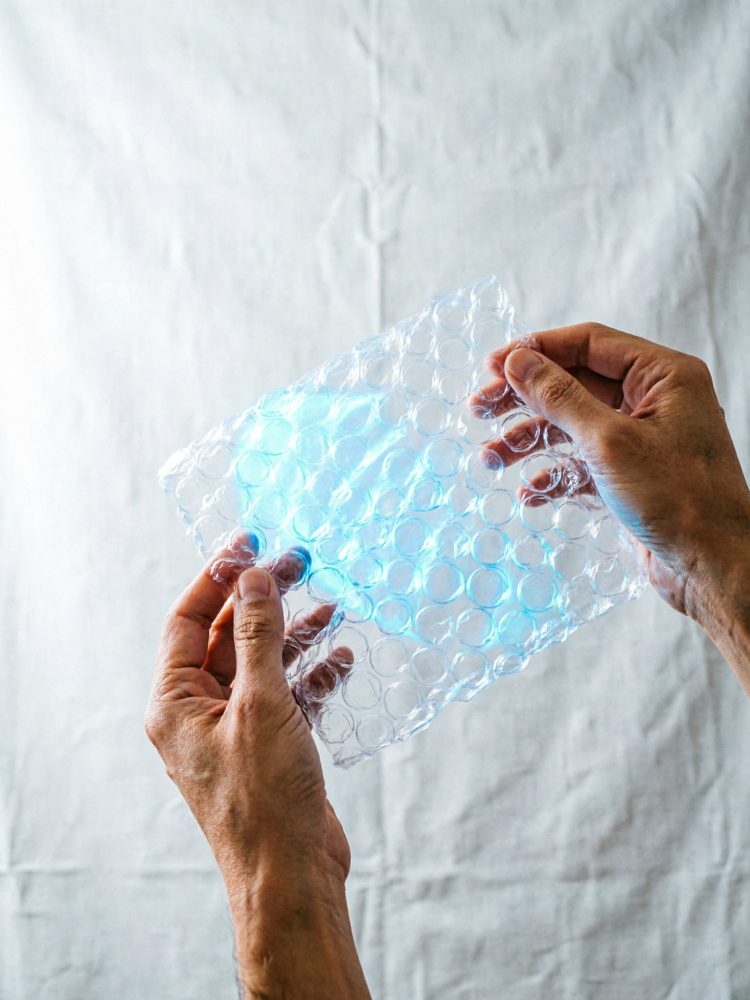 Mãos segurando e esticando uma folha transparente de plástico bolha para embalagem
