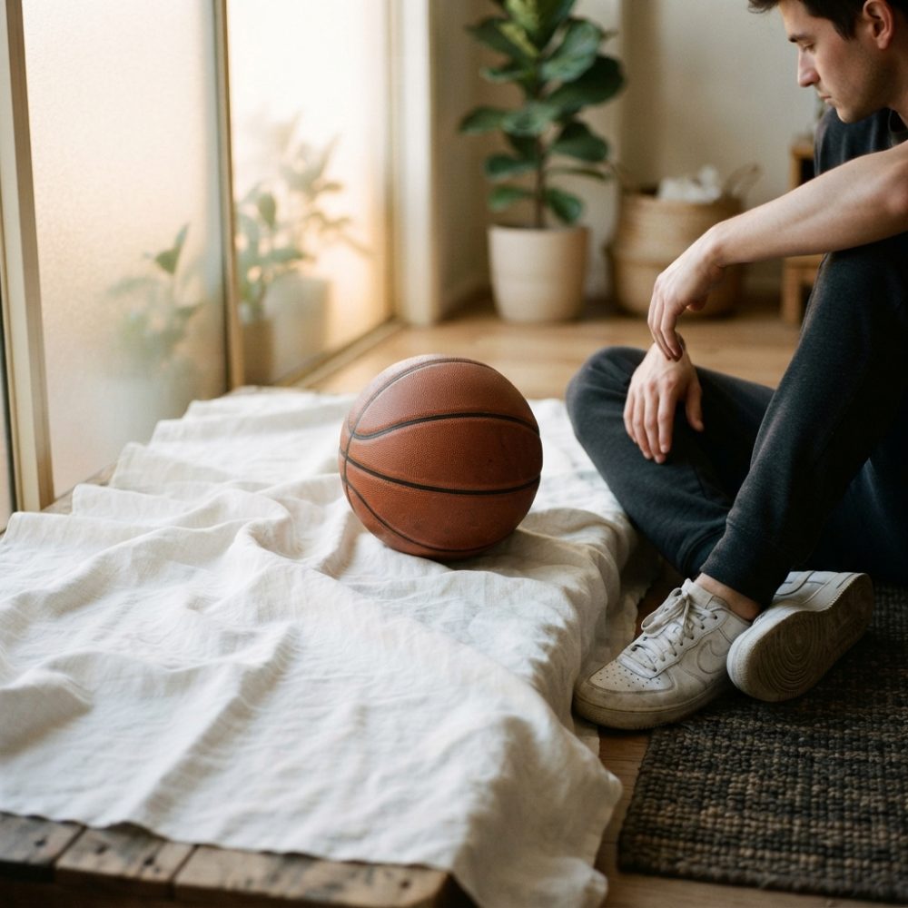 Homem sentado ao lado de bola de basquetebol num ambiente interior com luz natural suave