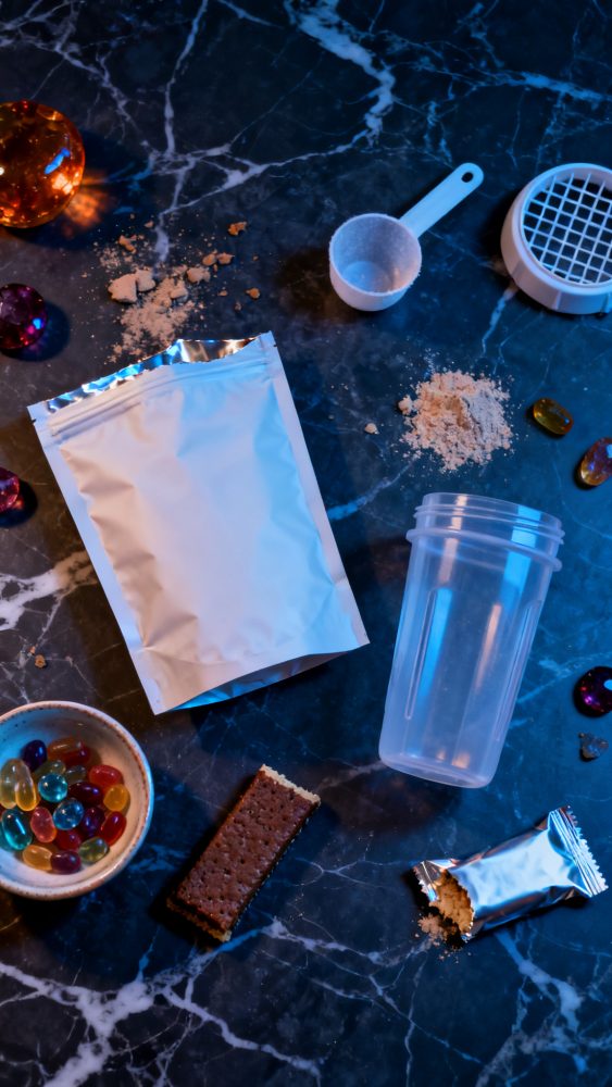 Suplementos alimentares variados com pó, cápsulas e barra energética sobre mesa marmoreada escura