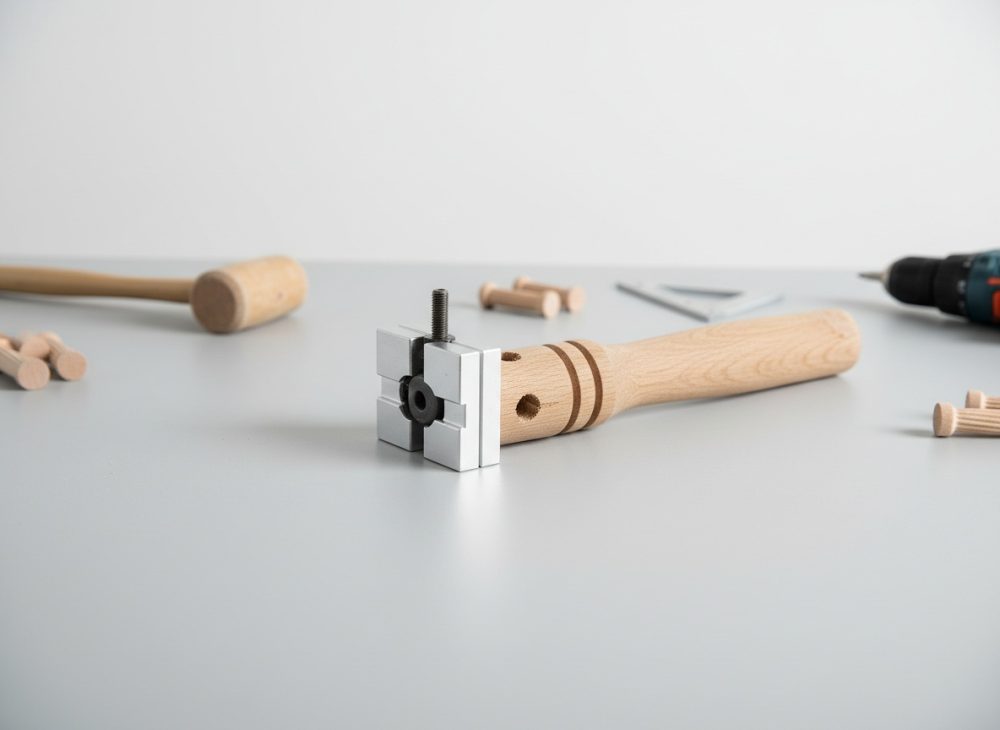 Ferramenta de bricolage em madeira e metal com martelo, pregos e broca numa superfície cinza