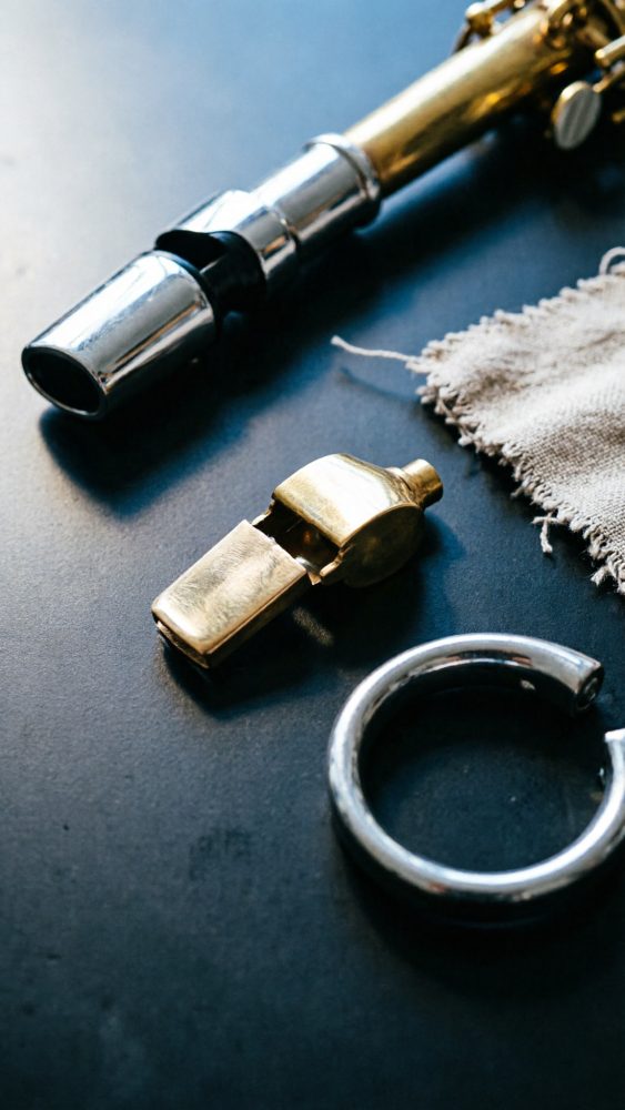 Clarinete dourado com apito metálico e anel sobre mesa escura ao lado de tecido bege