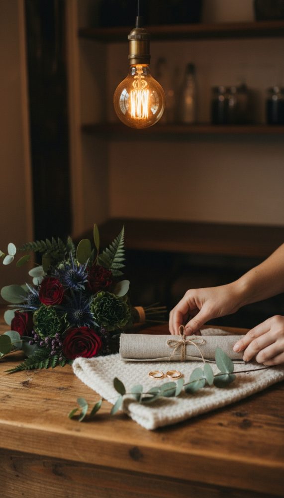 Mão a organizar guardanapo sobre mesa de madeira com flores e anéis de casamento, luz quente de lâmpada vintage