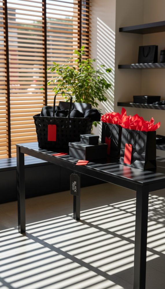 Mesa preta com caixas, sacos de compras negros e etiquetas vermelhas iluminada por persianas de madeira