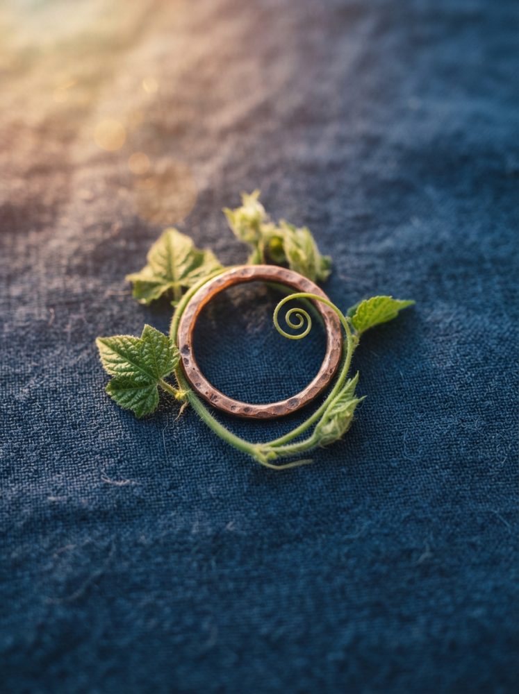 Anel rústico de metal decorado com folhas verdes e espiral sobre tecido azul