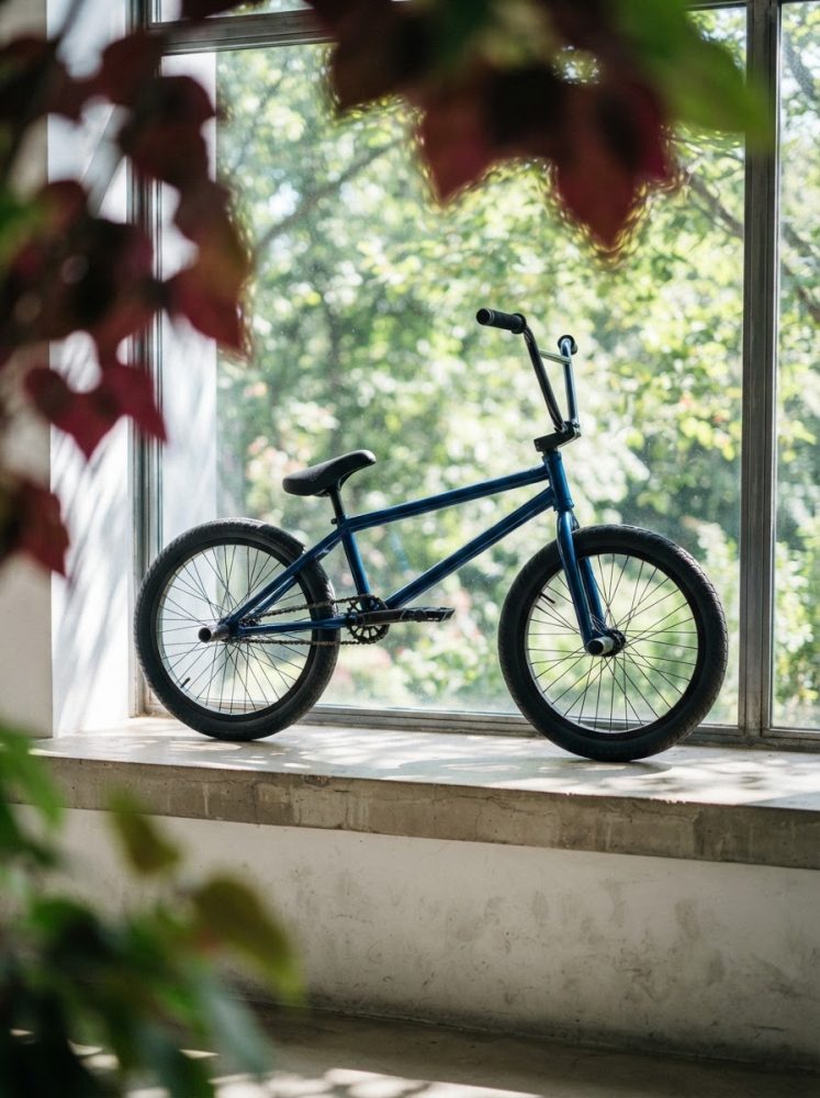 Bicicleta BMX azul numa janela larga com luz natural e fundo verde desfocado