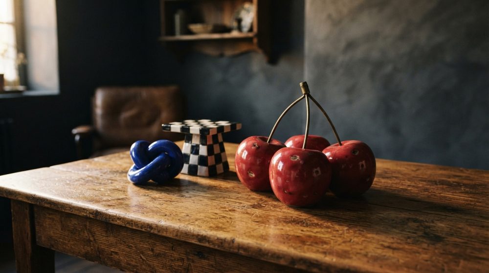 Mesa de madeira com objetos decorativos coloridos e cadeira de couro ao fundo