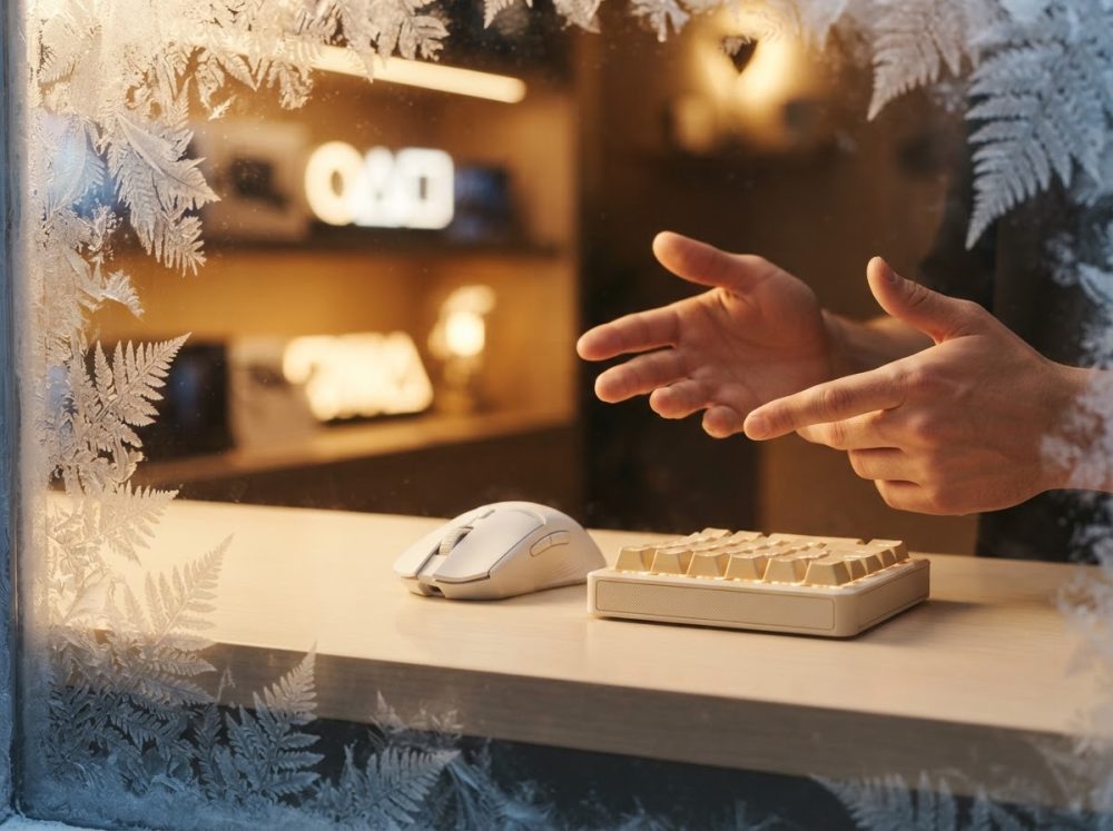 Teclado compacto e rato gaming brancos numa mesa de madeira com reflexos de folhas geladas no vidro