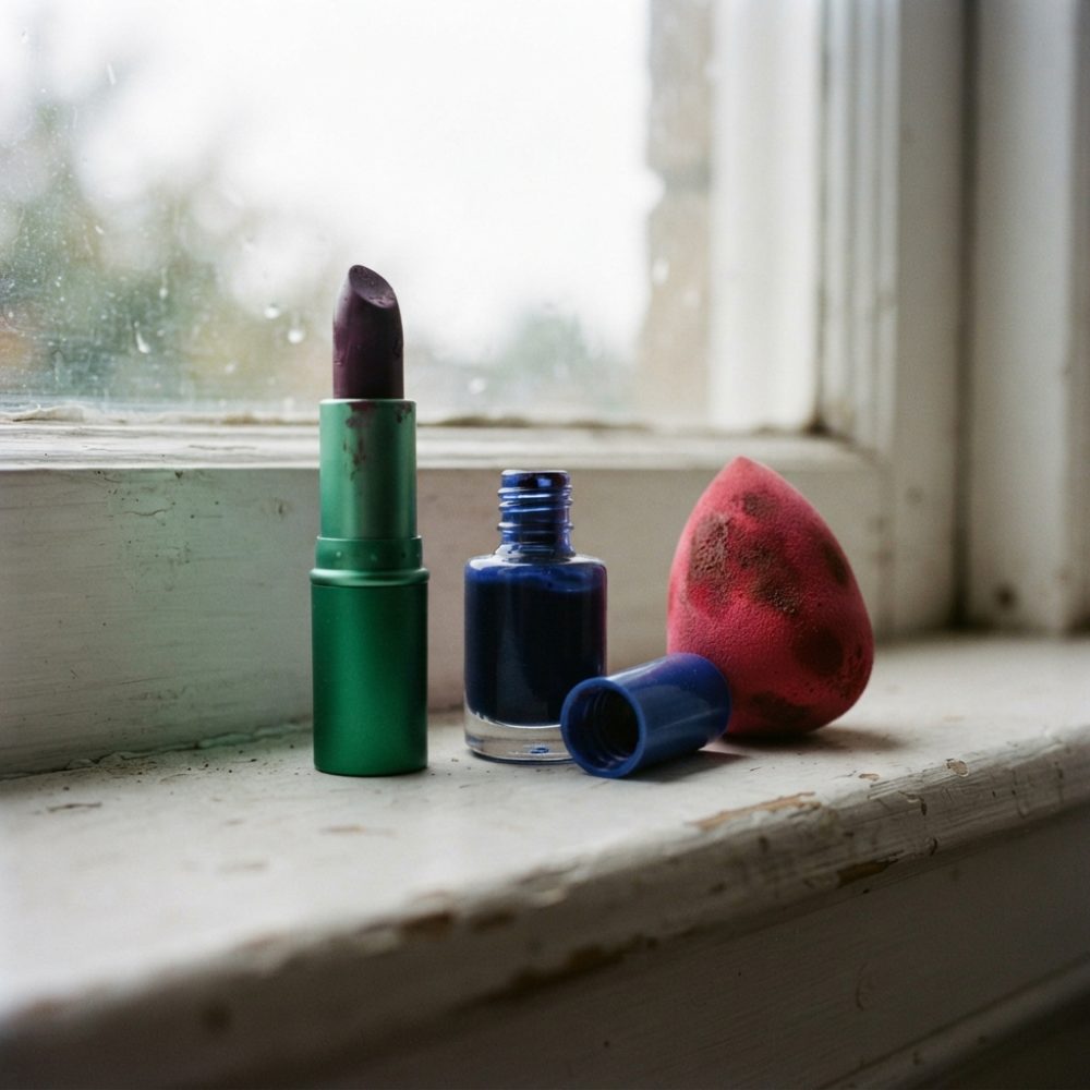 Batom vermelhor, verniz azul e esponja rosa manchada num parapeito de janela antigo