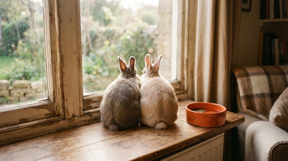 Dois coelhos, cinzento e branco, sentados lado a lado numa janela com comida perto