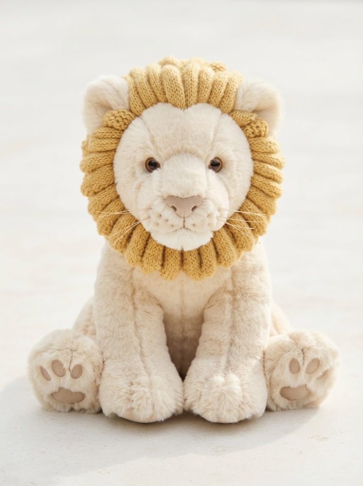 Peluche branco de leão com juba amarela de malha sentado sobre fundo claro