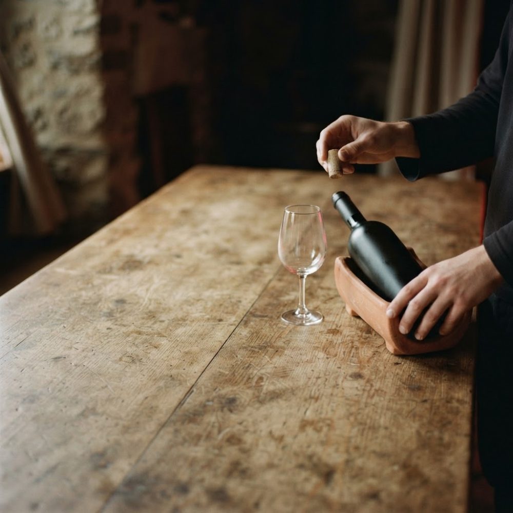 Mãos a retirar rolha de garrafa de vinho preta junto a taça vazia sobre mesa de madeira