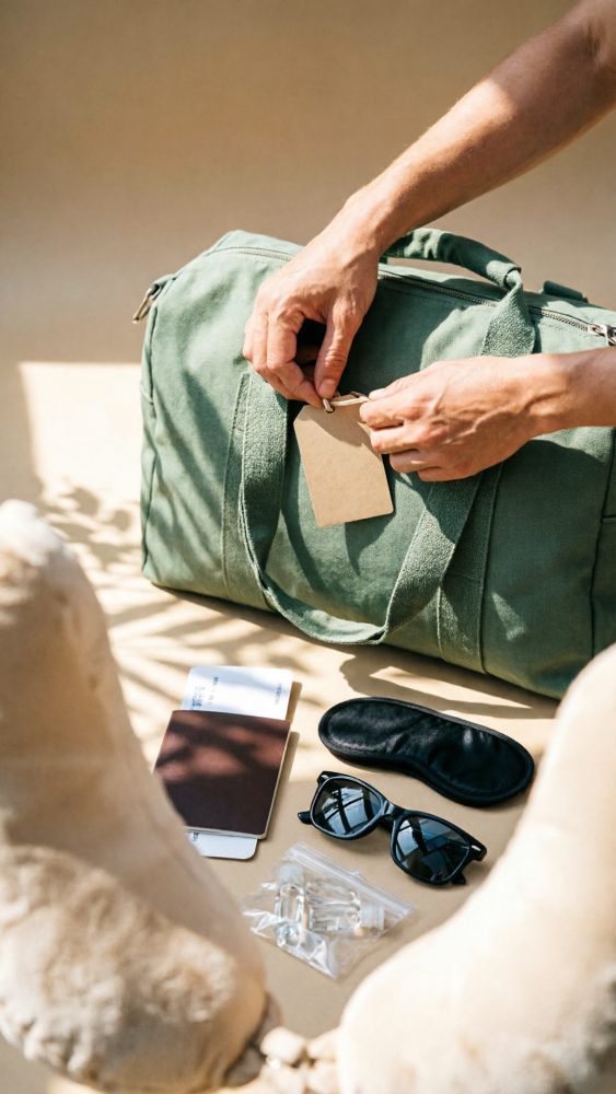 Mala verde com etiqueta, passaporte, máscara para dormir, óculos de sol e tampões para ouvidos em fundo neutro