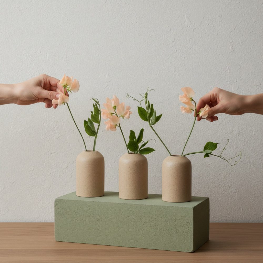 Três vasos cerâmicos bege com flores cor de pêssego e folhas verdes, com mãos a arranjar flores sobre bloco verde