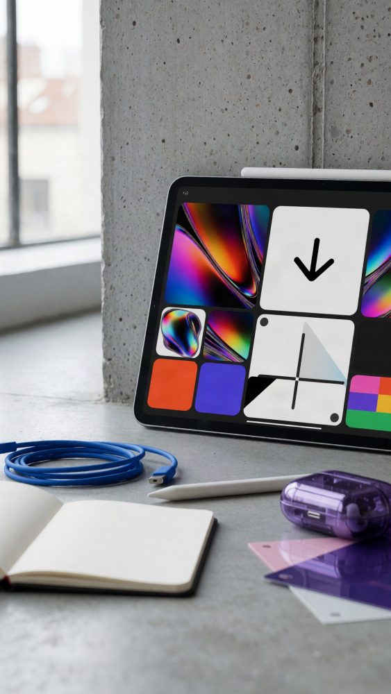 Tablet com gráficos coloridos, cabo USB azul, caneta digital branca, caderno aberto e estojo roxo sobre mesa cinzenta