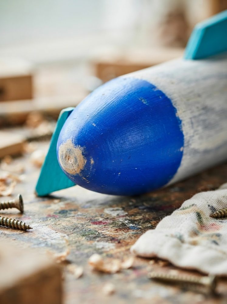 Brinquedo azul de madeira com parafusos e aparas em superfície pintada rústica