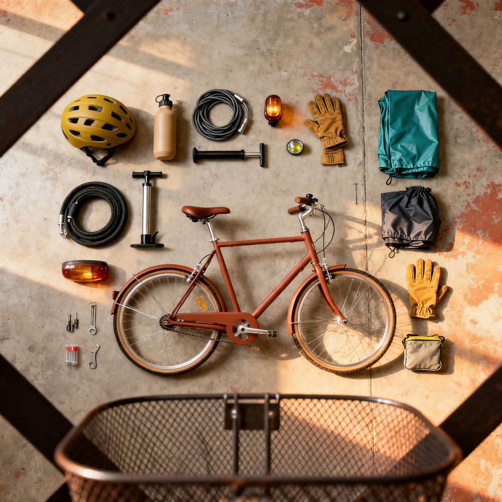 Bicicleta castanha com capacete, luvas, bomba de ar e acessórios organizados sobre chão de cimento.