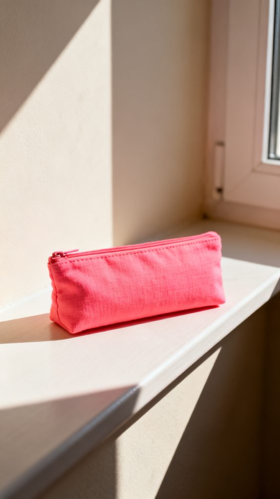 Estojo escolar rosa em tecido com fecho sobre parapeito iluminado por luz natural