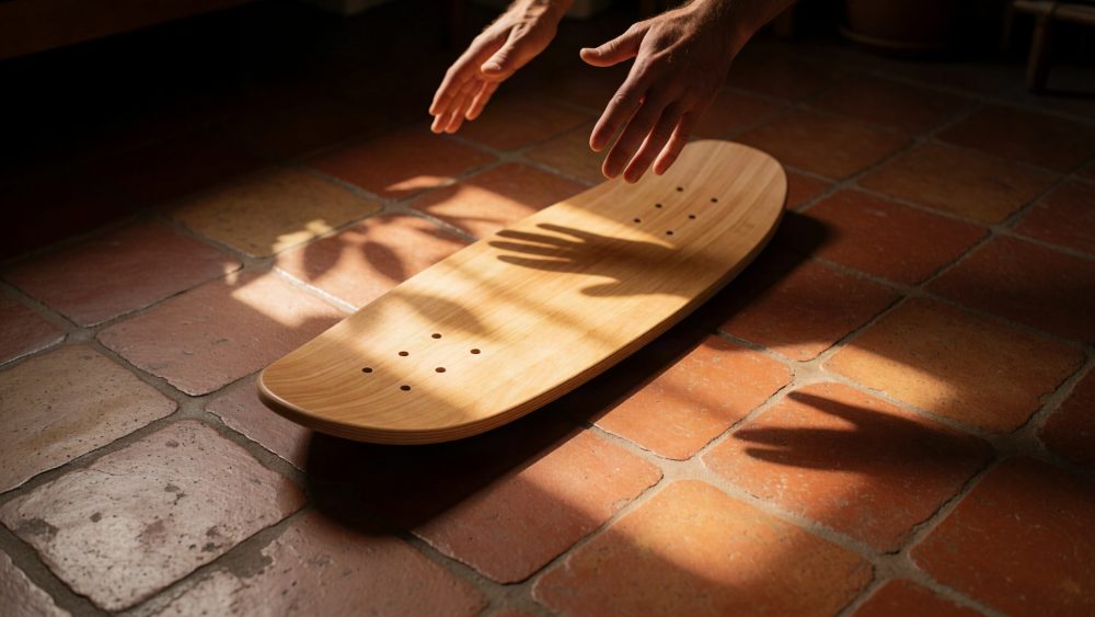 Prancha de skate de madeira clara com mãos suspensas sobre pavimento de tijolos